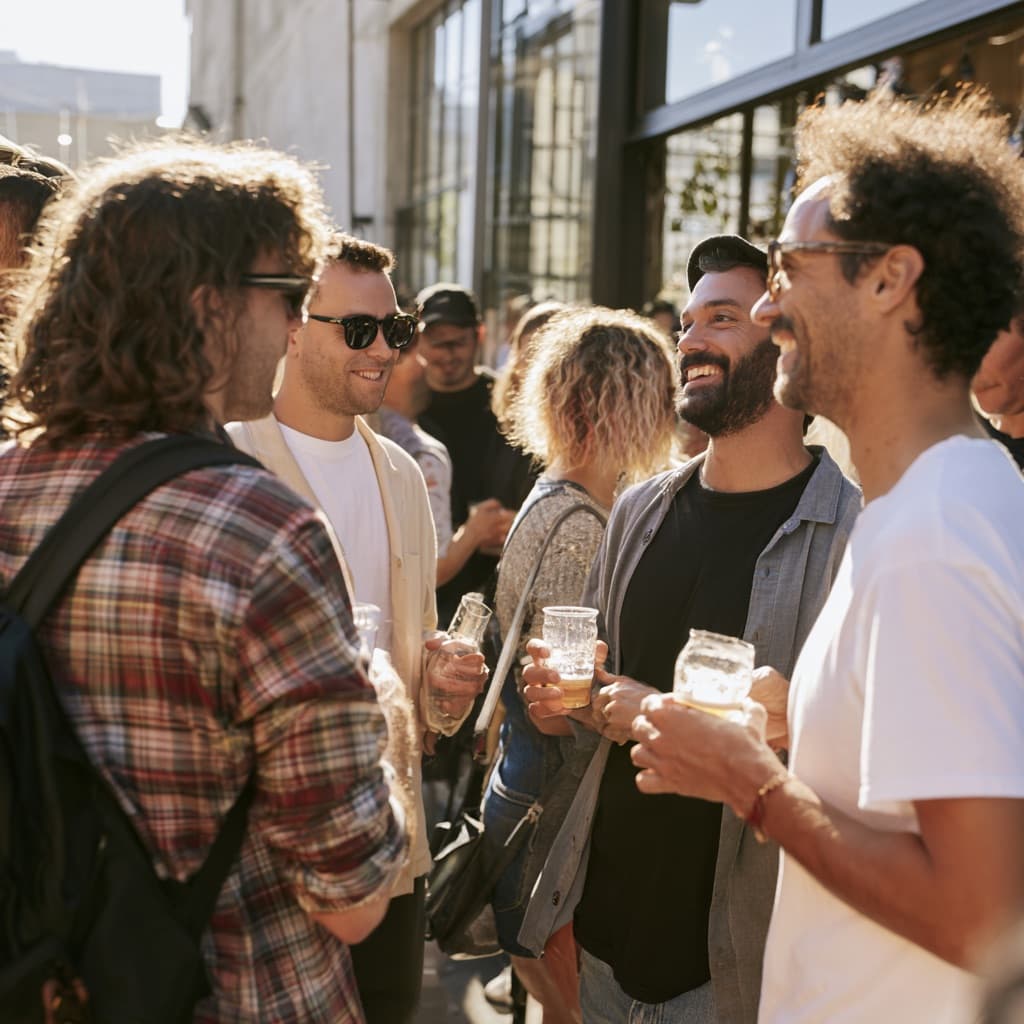Friends laughing together with drinks in hand outside a bar in late afternoon sun